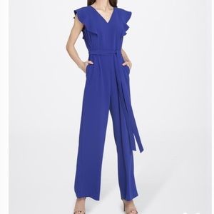 Tahari Cobalt Blue V-Neck Ruffle Sleeve Wide-Leg Jumpsuit